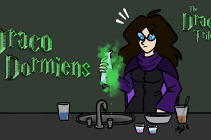 Draco Trilogy: Draco Dormiens header. Ellie Coral stands over a sink, surrounded by Dixie cups, glasses, and a bowl filled with various fluids. She holds a beaker that is being dissolved by green mist.