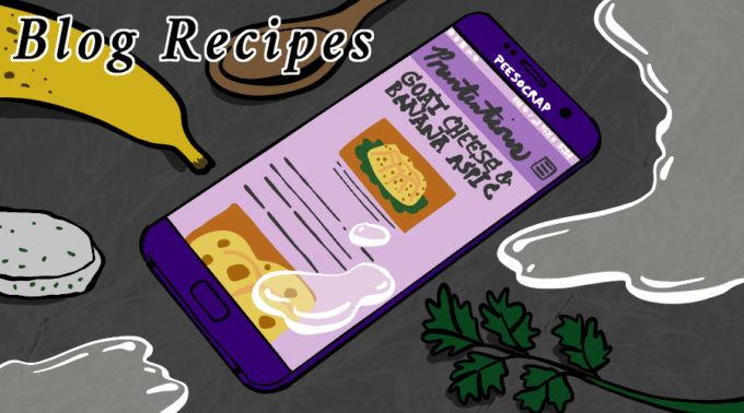 A cell phone sits on a grey marble counter, surrounded by parsley, goat cheese, a banana, a wooden spoon, and some clear fluid that has also gotten on the phone screen. The screens shows a blog called Prententions. The recipe is for goat cheese and banana aspic.