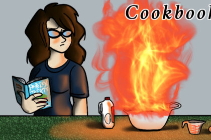 Ellie Coral holds a cookbook called Frozen Treats. She regards a flaming mixing bowl with some worry.