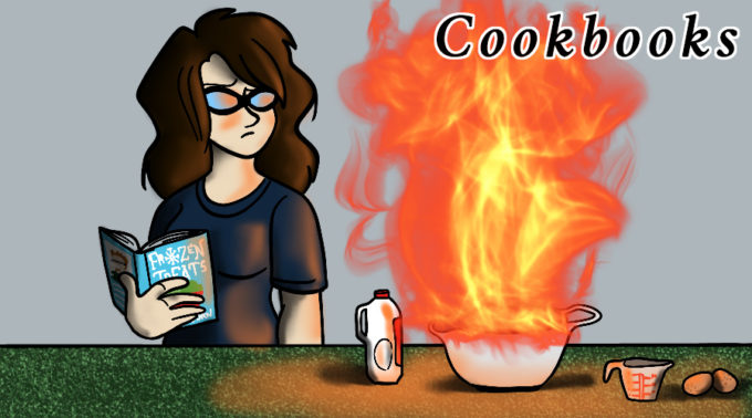 Ellie Coral holds a cookbook called Frozen Treats. She regards a flaming mixing bowl with some worry.