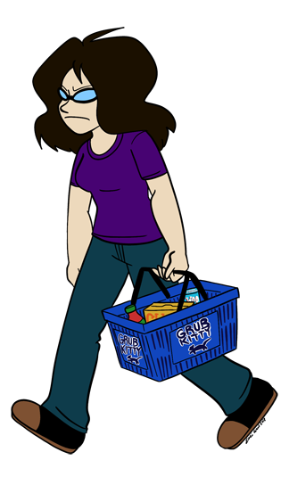 A cartoon Ellie glares into space as she stomps off with a blue shopping basket loaded with groceries. The label on the basket reads Grub Kitty, a clear parody of Food Lion.