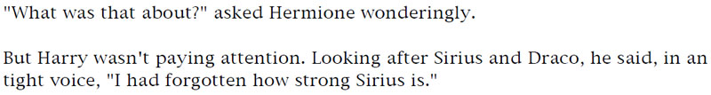 'What was that about?' asked Hermione wonderingly. - But Harry wasn't paying attention. Looking after Sirius and Draco, he said, in an tight voice, 'I had forgotten how strong Sirius is.'