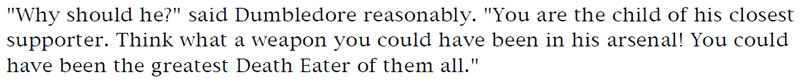 'Why should he?' said Dumbledore reasonably. 'You are the child of his closest supporter. Think what a weapon you could have been in his arsenal! You could have been the greatest Death Eater of them all.'