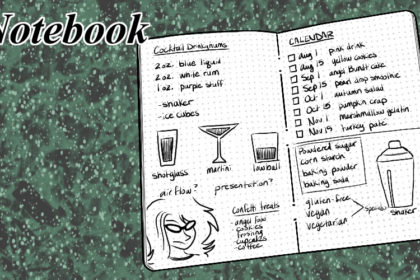 Notebook header. An open notebook with dotted grid paper shows a mess of sketches such as: Cocktail Drinkynums with 2 oz. blue liquid, 2 oz. white rum, and 1 oz. purple stuff; shotglass, martini glass, and lowball glass; a self portrait sketch; ideas for airflow and presentation; confetti treats for angel food, cookies, frosting, cupcakes, and coffee. On the second page, there is a calendar for Aug 1 pink drink, Aug 15 yellow cookies, Sep 1 angel Bundt cake, Sept 15 pearl drop smoothie, Oct 1 autumn salad, Oct 15 pumpkin crap, Nov 1 marshmallow gelatin, Nov 15 turkey pate. Below that is a shaker with notes for powdered sugar, corn starch, baking powder, and baking soda.