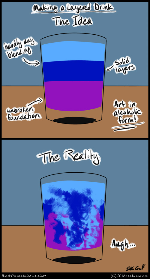 Panel 1: The title reads 'Making a Layered Drink': The Idea. A shot glass shows a triple layered drink that is light blue on top, dark blue in the middle, and purple on the bottom. Captions around the glass read: 'Hardly any blending. Solid layers. Unbroken foundation. Art in alcoholic form!' ... Panel 2: The title reads 'The Reality'. The colors are mixed in ragged light blue, dark blue, and purple ribbons. The caption says, 'Augh...'