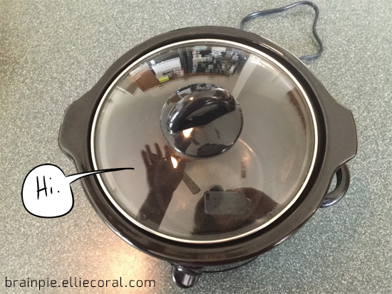 The blogger's shadowy visage is somewhat visible in the glass top of the Crockpot. She waves to the viewer and says hi.