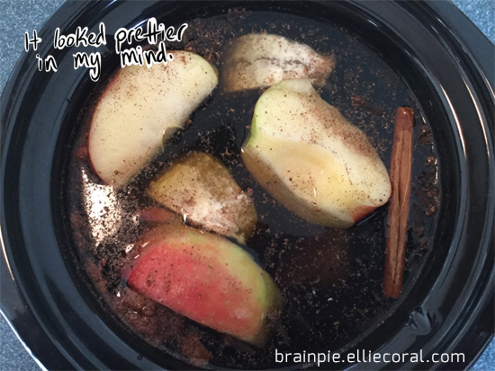 The assortment of ingredients slowly boiling in the Crockpot. A handwritten caption from the blogger reads, 'It looked prettier in my mind.'