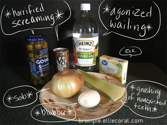 Various ingredients display their distress. A jar of olives and a can of spicy V8 scream in horror. A bottle of vinegar wails in agony. A box of lemon gelatin gives a small 'eek.' A whole yellow onion sobs. A hard-cooked egg blubbers. A stalk of celery gnashes is nonexistent teeth.