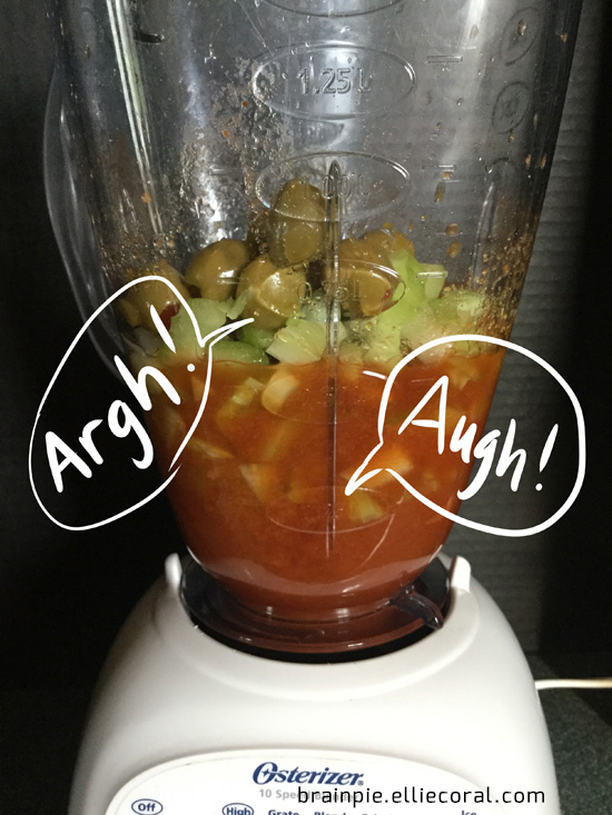 The olives, celery, and onion cry out in terror inside the blender.