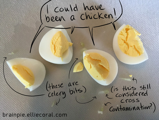 Quartered hard-cooked egg pieces collectively scream, 'I could have been a chicken!' Scattered around it are pieces of celery. A note in the corner asks, 'Is this still considered cross contamination?'