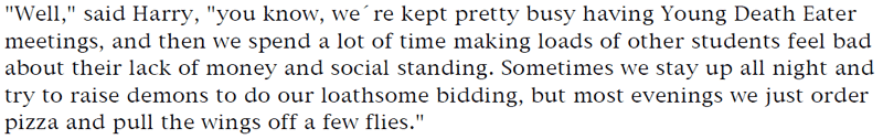 'Well,' said Harry, 'you know, we're kept pretty busy having Young Death Eater meetings, and then we spend a lot of time making loads of other students feel bad about their lack of money and social standing. Sometimes we stay up all night and try to raise demons to do our loathsome bidding, but most evenings we just order pizza and pull the wings off a few flies.'
