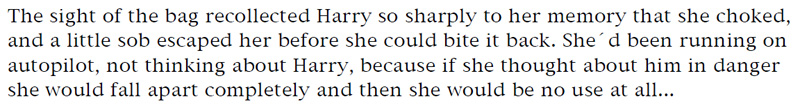 The sight of the bag recollected Harry so sharply to her memory that she choked, and a little sob escaped her before she could bite it back. She'd been running on autopilot, not thinking about Harry, because if she thought about him in danger she would fall apart completely and then she would be no use at all...