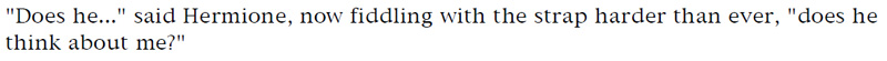 'Does he...' said Hermione, now fiddling with the strap harder than ever, 'does he think about me?'