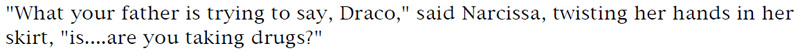 'What your father is trying to say, Draco,' said Narcissa, twisting her hands in her skirt, 'is... are you taking drugs?'