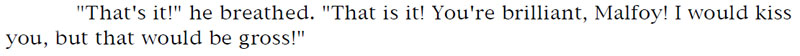 'That's it!' he breathed. 'That is it! You're brilliant, Malfoy! I would kiss you, but that would be gross!'