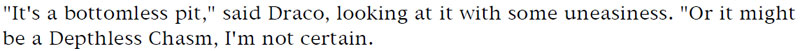 'It's a bottomless pit,' said Draco, looking at it with some uneasiness. 'Or it might be a Depthless Chasm, I'm not certain.'