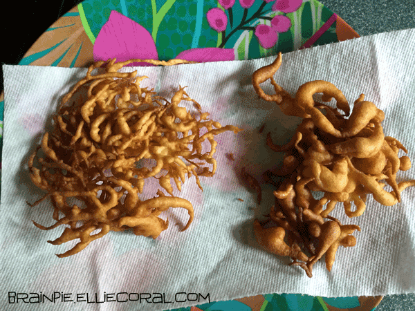 To the left of the fake tamarinds is a funnel cake that looks like jagged coral.