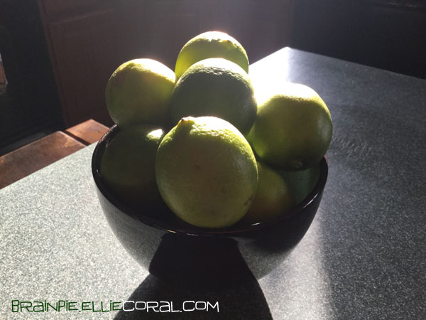 Sunlight shines down on a bowl of limes, creating a soft glow around the fruits.