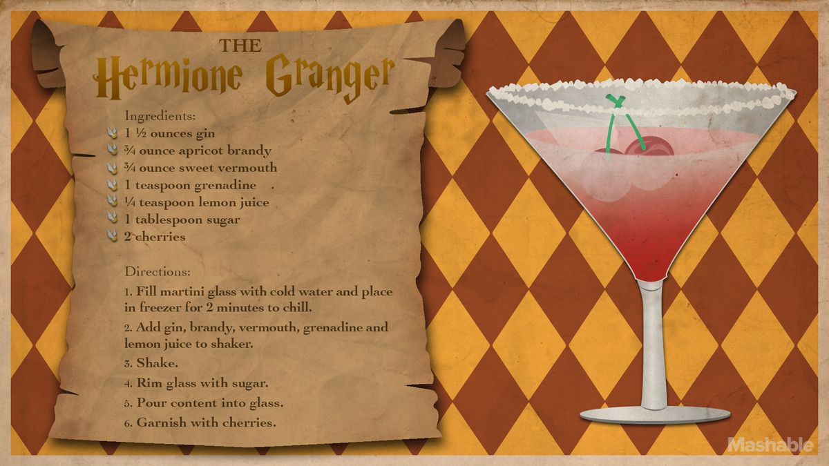 Recipe for the Hermione Granger. Ingredients: 1 1/2 ounces gin. 3/4 ounce apricot brandy. 3/4 ounce sweet vermouth. 1 teaspoon grenadine. 1/4 teaspoon lemon juice. 1 tablespoon sugar. 2 cherries. - Directions: 1. Fill martini glass with cold water and place in freezer for 2 minutes to chill. 2. Add gin, brandy, vermouth, grenadine and lemon juice in shaker. 3. Shake. 4. Rim glass with sugar. 5. Pour content into glass. 6. Garnish with cherries.