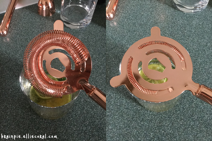 A double screenshot of a cocktail strainer, showing both the wired and flat sides.