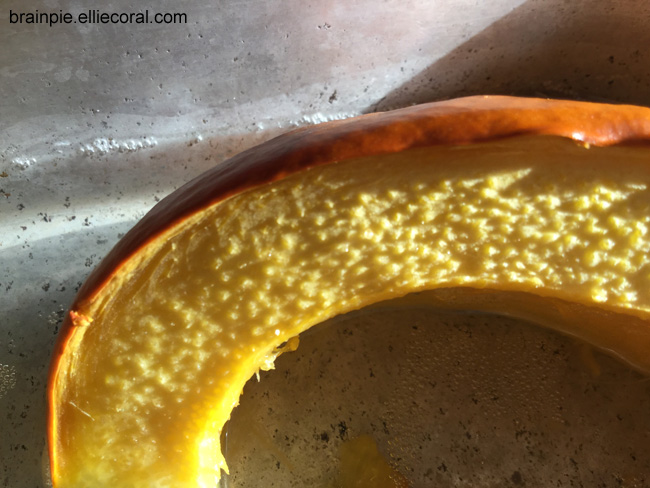 A closeup of the pumpkin meat. It appears stubbly and bumpy.