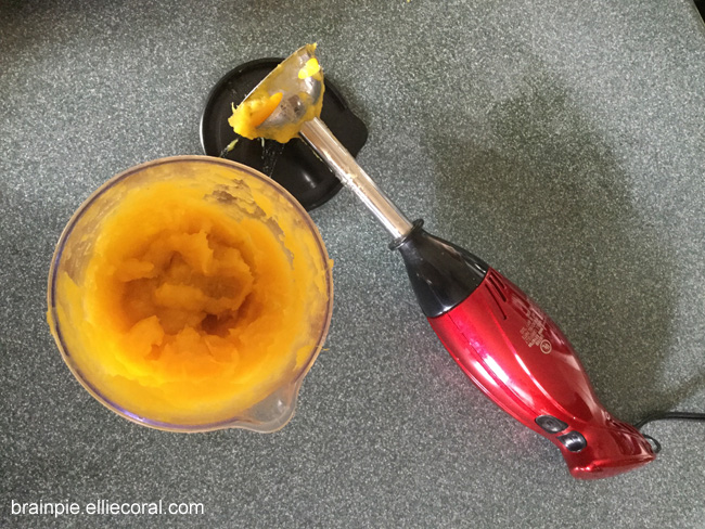 A handheld immersion blender sits on the counter, next to a container with bright orange pureed pumpkin meat.