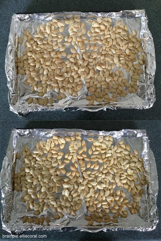 The before and after of baked pumpkin seeds on a foil-lined baking sheet.