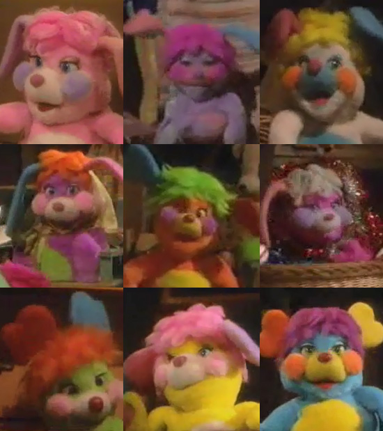 A grid showing the Popples. First row: Party, Pretty Bit, and Puffball. Second row: Pancake, Puzzle, and Prize. Third row: Putter, Potato Chip, and PC.