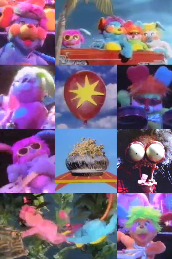 A grid showing the Popples having fun. Top row: PC playing guitar in the band; Pretty Bit, PC, Putter, and Puffball in a top-down convertible. Second row: Prize wearing sunglasses in the band; an illustrated balloon popping, Putter playing drums. Third row: Pretty Bit playing guitar, a popcorn skillet popping, Large Marge terrorizing the viewer. Fourth row: Party and PC swimming in a tank, Puzzle playing a xylophone.