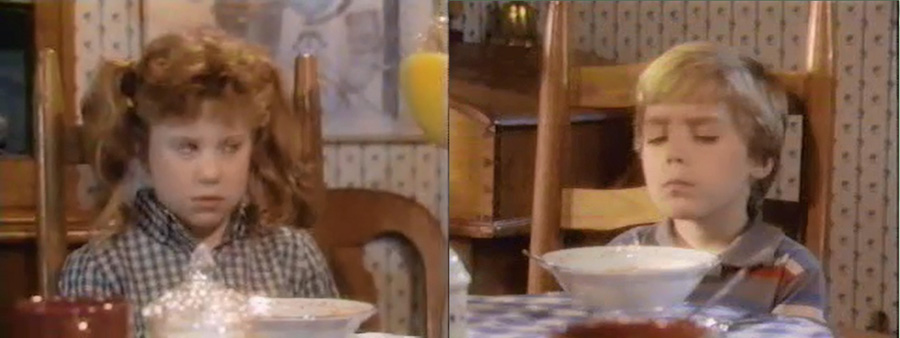 Side-by-side screenshots of Bonnie and Billy giving their parents the stink eye.