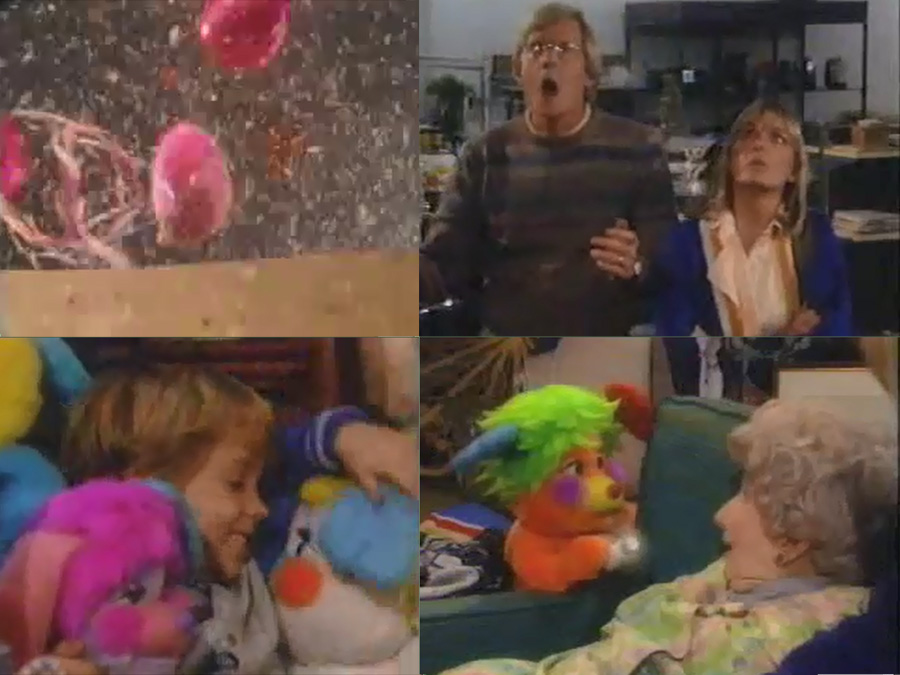A four-by-four grid shows balloons and confetti shooting out of a box; Dad and Mom watching on in surprise; Billy snuggling up with PC, Pretty Bit, and Puffball; and Puzzle shining a flashlight in an old woman's face.