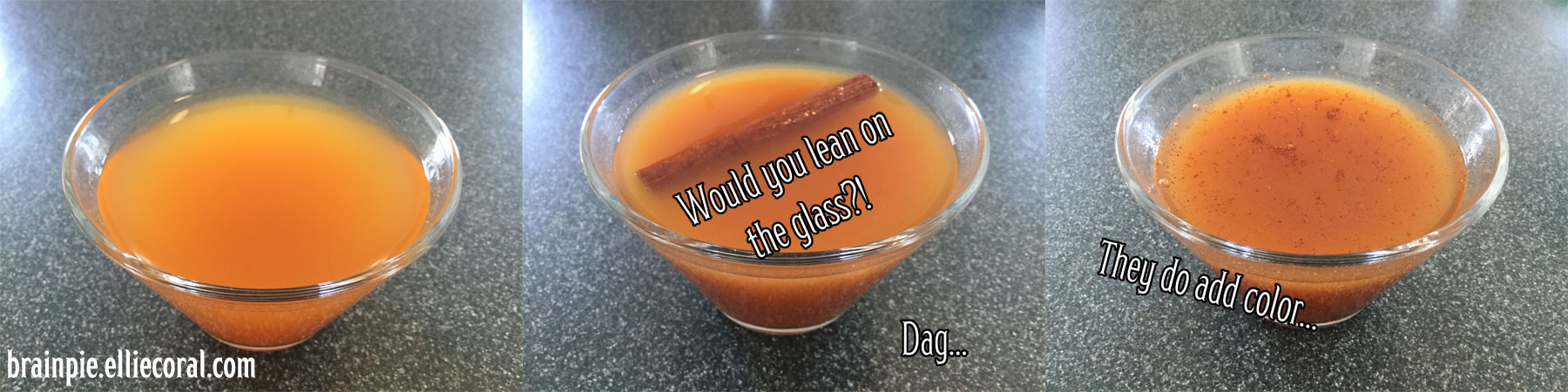 Three images of a pumpkin puree drink. The leftmost image has a simple glass with orange liquid. The middle has a cinnamon stick floating on the surface, with the caption, 'Would you lean on the glass?!' The rightmost image has speckles of spices with the caption, 'They do add color...'