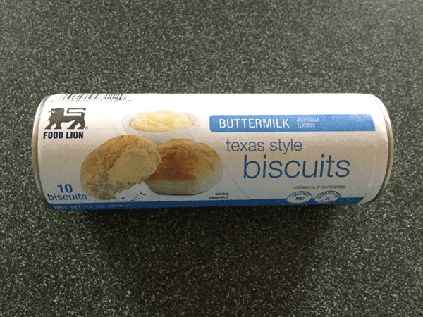 A can of Food Lion buttermilk Texas style biscuits.