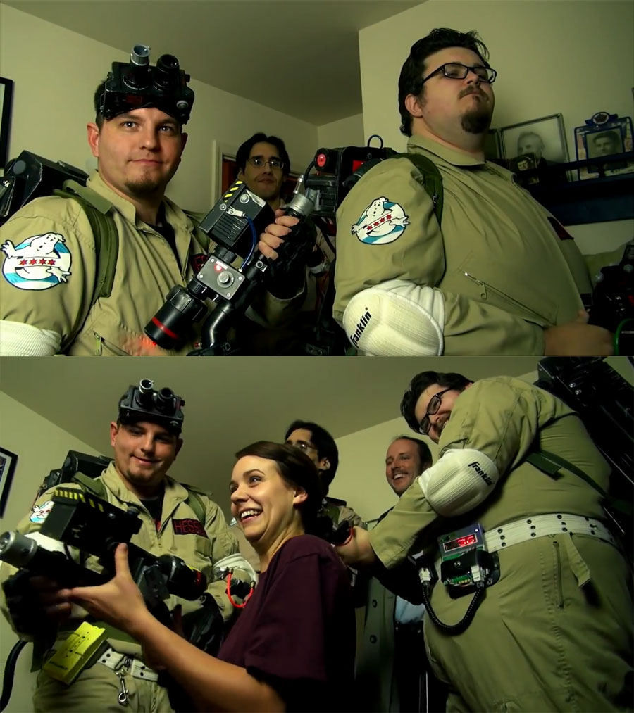 The Ghostbusters Chicago Division brandish their weapons. In the second screenshot, Rachel's character has a go with one of the proton guns.