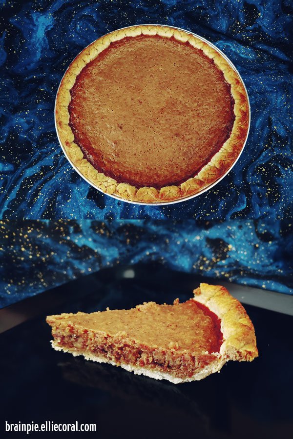 Two photos of the pie after baking. The first is a top down photo, with the edges of the shell tinged reddish-brown. The filling is a nice golden brown, giving no indication of sour cream. The second photo is a slice of the pie, with the shell showing rough edges from cutting. The filling shows some raisin parts.