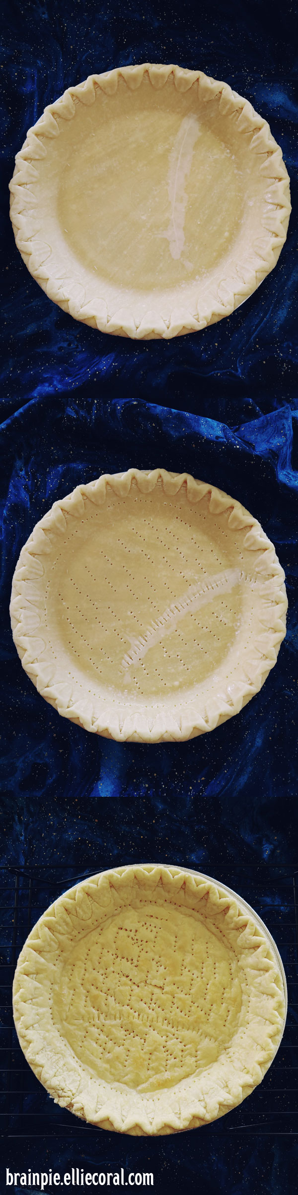 Three photos of a pie shell taken top down. The first one has a noticeable white mark where an attempt to seal a crack was made. The second shows fork holes all over the bottom and sides of the shell. The third shows the shell after baking, where it's slightly puffy; there are also additional fork holes.