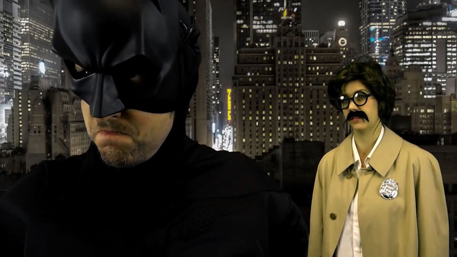 Donnie and Rebecca play Batman and Commissioner Gordon.